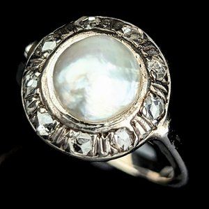Certified Natural Saltwater Pearl Rose Cut Diamonds 14k White Gold Antique Ring
